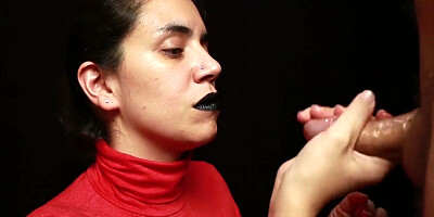 Cfnm - Red Turtleneck, Black Lips - Handjob + Cum Mouthful + Cum On Clothes