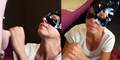 Milf With The Mask Sucks Off Her Husband & Gets A Huge Load On His Face Then Licks The Cum - Cat Woman