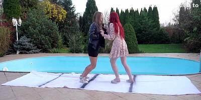 Wrestling Outside And Riding A Sybian Sex Toy Inside Later