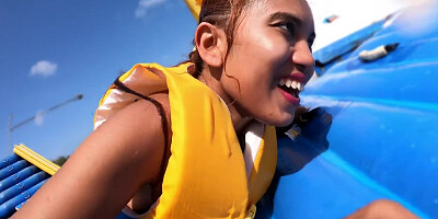 Thai GF enjoys the waterpark and later her BFs big cock at home