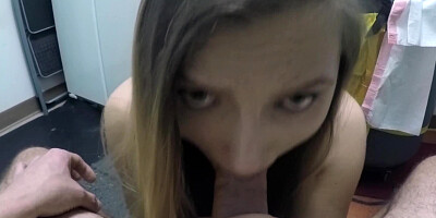 Blonde is sucking off a really large dick as her tits are bouncing