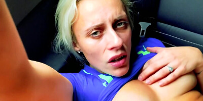 Horny couple is having sex in the back seat of that car