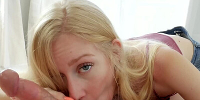Blonde cutie is polishing big cock with her kissable mouth