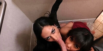 Fuck of the guy and two Latinas takes place in nightclub restroom
