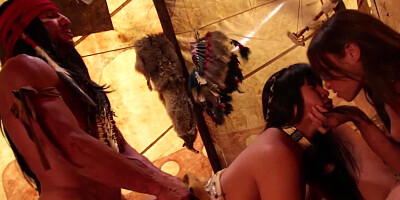 Native drills his cock into two sluts in his teepee