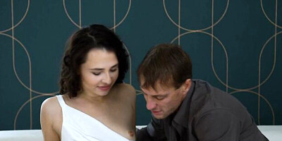 Skinny long-legged brunette Liz Jordan nailed in the cowgirl pose