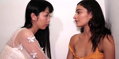 Brunette babe licked by lesbian asian haunted house owner