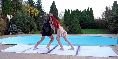 Pool Side Wrestling With Three Sexy Girls Before Going And Playing With Sex Toys