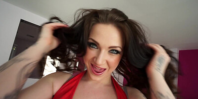 A chick with large tits massages her sensitive pussy lips