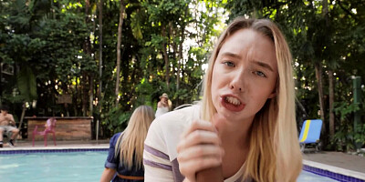 Juliette Mint sucks and rides a hard cock by the swimming pool