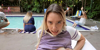 Juliette Mint sucks and rides a hard cock by the swimming pool