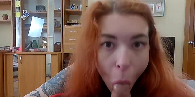 Inked redhead drilled at home by muscular boyfriend