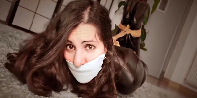 Girl In Leather Catsuit Hogtied In Ropes
