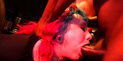 Curvy woman is being gangbanged by a bunch of hung stallion