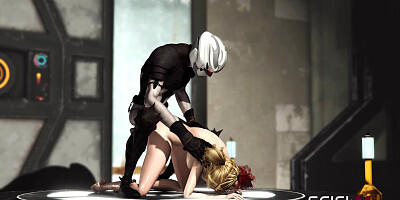 Sex cyborg monster plays with a young horny hottie in the sci-fi dungeon