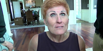 Mature redhead gets dominated by several fat cocks