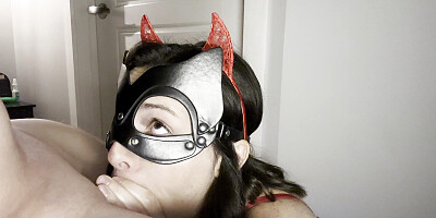 A sexy devil comes to suck off a sinner and takes a pulsating oral creampie