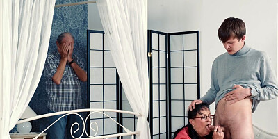 Cuckold is watching as his busty wife fucks with stepson