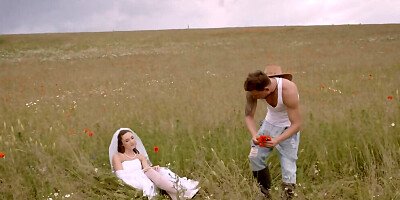 Gorgeous bride fucks with a horny cowboy in the field