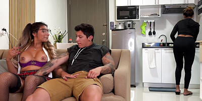 Naughty college girl fucks her mom's boyfriend on the couch in front of her!