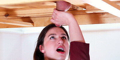 Naughty Uniformed Brunette Ellie Milks A Cock At The Milking Table