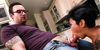 Inked babe with short hair loves sucking off her big boyfriend