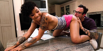 Inked babe with short hair loves sucking off her big boyfriend