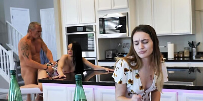 Girl's older boyfriend cheats on her with stepmom in the kitchen