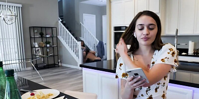 Girl's older boyfriend cheats on her with stepmom in the kitchen