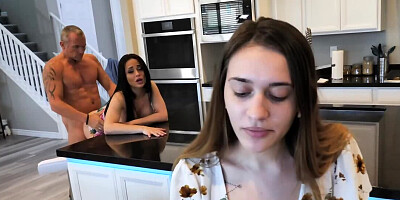 Girl's older boyfriend cheats on her with stepmom in the kitchen