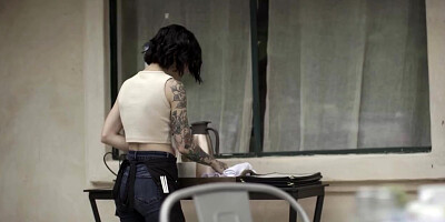 Tattooed barista anal fucked by a client