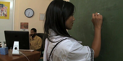 Tiny Asian teen whore takes a big black meat pole