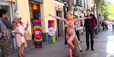 Busty body painted slave disgraced in public