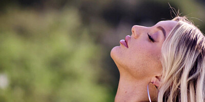 Blonde nude military babe posing outdoor