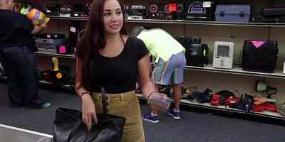 Super hot natural busty college girls flashes her tits at a pawn shop for money