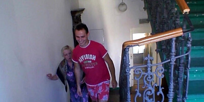 Older blonde woman is riding the huge dick of a younger man