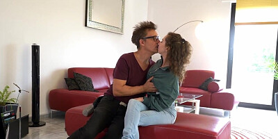 Girl with a tattoo on left hip fucked by stepdad