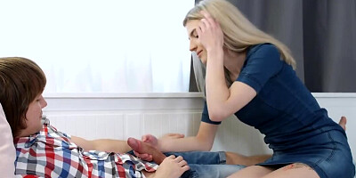Charming blonde sucks stepbrother's hard cock and rides it