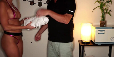 Bree is giving a massage to a man with a girthy schlong