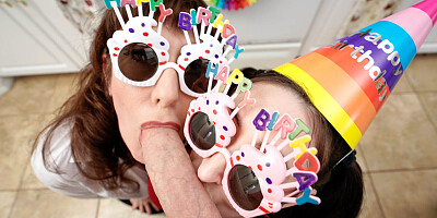 Stepmom and stepaunt birthday blowjob