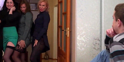 Blowjob son’s dream comes true with 3 mature moms