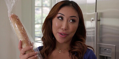 Asian babe ate a big black meat baguette