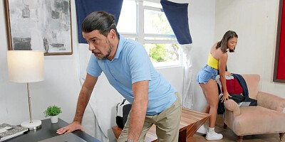 Short black guy doggystyling GF while he is grounded