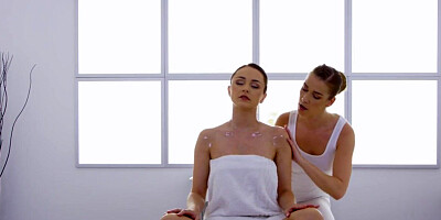 Lesbian babes enjoy oiled massage sex while scissoring