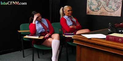 CFNM college babes suck professor cock in classroom 3way