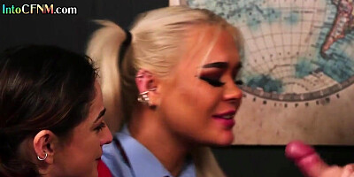 CFNM college babes suck professor cock in classroom 3way