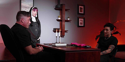 CFNM deepthroat student sucks priest rod in church dormitory