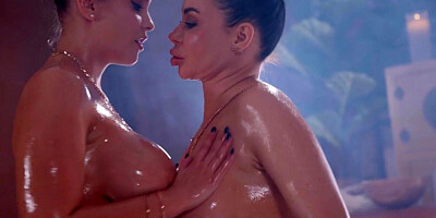 Busty oiled lez enjoys scissoring her GF in WAM sex
