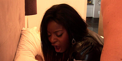 Nasty black chick is eager to ride a white pecker