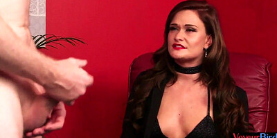 Voyeur CFNM babe teasing guy while stroking his cock on her